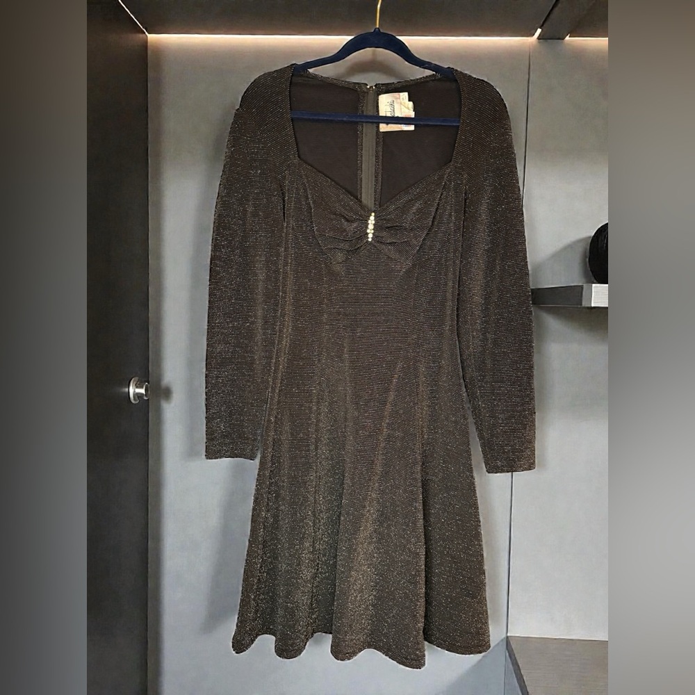 Tadashi Shoji Black, Gray & Silver Glitter Skater Dress Jewel Embellished